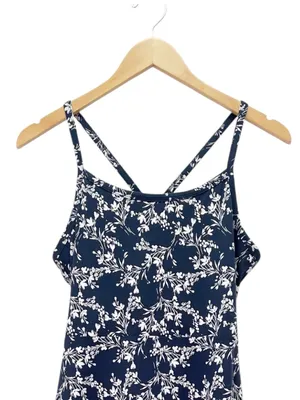 PACT Organic Cotton Fit Flare Midi Dress Size Large Navy Floral Shelf Bra Knit thumbnail 6