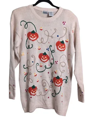 Basic Editions Halloween Sweater Vintage Pumpkins Candy Corn Novelty M Orange Size M thumbnail 1