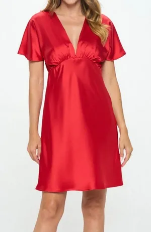 Renee C Satin Deep V-Neck Flutter Sleeve Mini Dress Red Large Cocktail $176‎ thumbnail 1