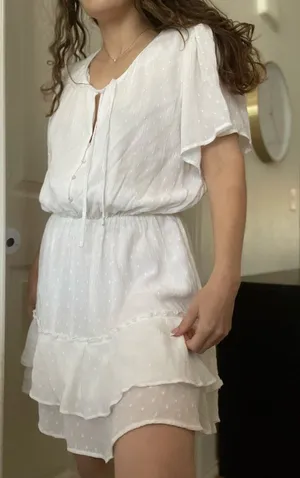 Abercrombie & Fitch Swiss Dot Cinched Waist Tiered Mini Dress Sz Large‎ White thumbnail 1