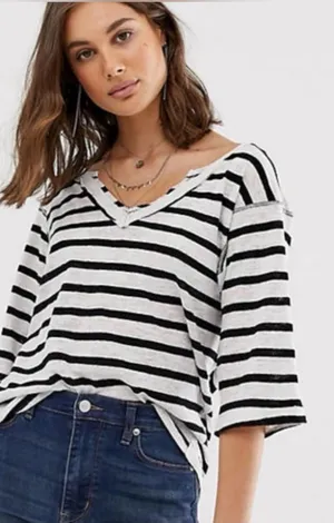 Free people We The Free Black & White Striped V-Neck Short Sleeve Tee thumbnail 1