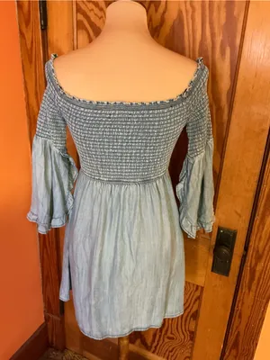 VENUS Denim Dress Size 2 Smocked Off Shoulder Bell Sleeve Button Front Boho thumbnail 9
