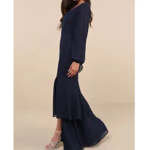 NEW Lulus Tier Elegance Navy Long Sleeve V-Neck Chiffon Tiered Maxi Dress Medium thumbnail 2