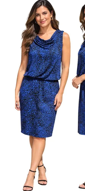 Tart Collections NWT Blue Black Animal Print Cowl Neck Blouson Sheath Dress L thumbnail 1