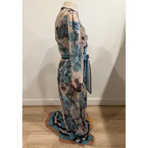 Paper Parachute Floral Maxi Dress Teal Blue Tan Long Sleeve Belted Ruffle XS thumbnail 4