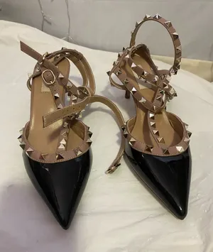 Kaitlyn Black Patent Pointed-Toe Studded Slingback Heels with Nude Straps thumbnail 1