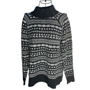 Lou & Grey‎ Women's S Fair Isle Zip Turtleneck Sweater Black White Nordic Winter thumbnail 2