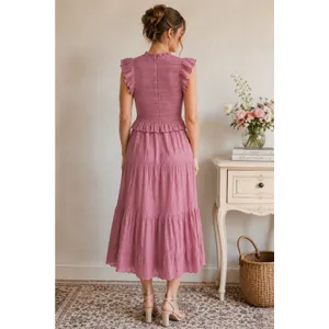 Sea New York 100% Cotton Pink Ingrid Smocked Ruffle Eyelet Midi Dress Size 2 thumbnail 2