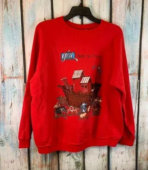 Vintage Hanes God Keeps His Promises Noah’s Ark Red Sweatshirt Sz L thumbnail 1