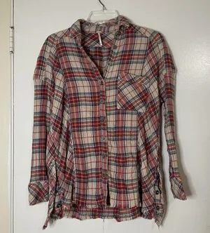 Free People Juniper Red plaid raw hem snap button front flannel shirt Small thumbnail 2