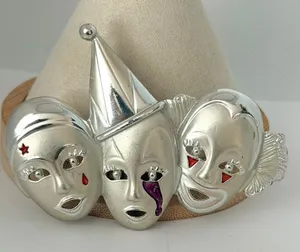 Vintage Silver Tone Triple Clown Theater Mask Enamel Brooch thumbnail 1