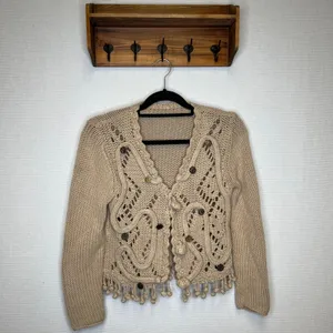 Unique Beige Knit Cardigan Sweater Buttons Fringe Tassel Boho‎ thumbnail 2