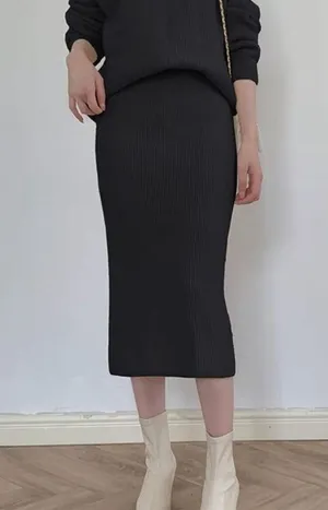 NEW Black Sweater ribbed Knit MIDI Skirt M thumbnail 3