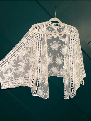 Cream White Floral Lace Kimono Cardigan Boho Crochet Size L thumbnail 3