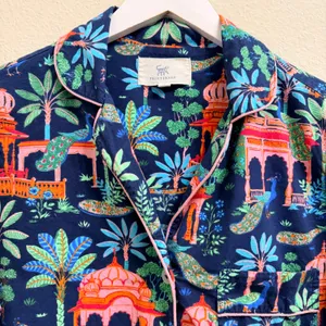 Printfresh Pajama Top Women XS Bagheera Peacock Organic Cotton Short Sleeve Blue thumbnail 3