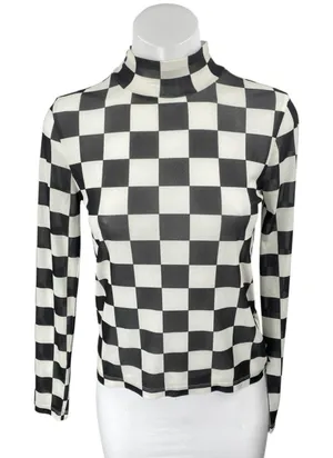 Vans Position Checker Women's Black White Checkered Mock Neck Mesh Top Size XS thumbnail 1