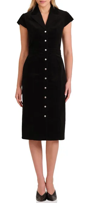 Avec Les Filles Women’s Black Corduroy Button Front Short Sleeve Midi Dress Sz 6 thumbnail 1