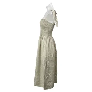 Aritzia Wilfred Golden Hour 100% Linen Beige Smocked Sleeveless Midi Dress Sz M thumbnail 2
