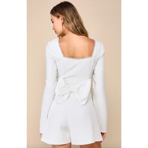 Lulus Luminous Aesthetic White Pearl Bow Long Sleeve Romper Wedding Bridal S NWT thumbnail 3