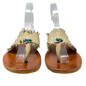 Henry Cuir‎ Slide Sandals Leather Woven Rattan Beaded Tan Brown Size 38 US 8 thumbnail 2