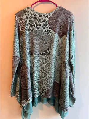 Tempo Paris Patchwork Asymmetrical Tunic Top | Sage Green Floral Layered Boho thumbnail 2