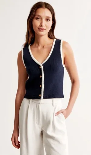 Abercrombie and Fitch navy blue Mara knit vest contrast sweater top thumbnail 1