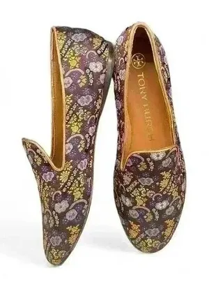 Tory Burch Jacquard Smoking Slipper Loafer Plum Gold Floral Size 7 NIB‎ thumbnail 1