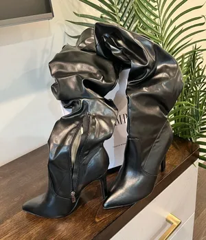Women’s Black Over-the-Knee Slouchy Leather Boots thumbnail 1