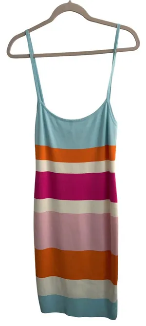 AKIRA Striped Bodycon Mini‎ Dress Light Blue Orange Pink White Women's Large thumbnail 1