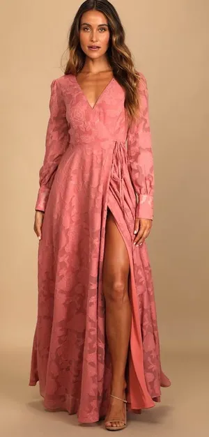 Lulus Kept Your Love Rose Pink Floral Jacquard Long Sleeve Maxi Dress Size XL thumbnail 1
