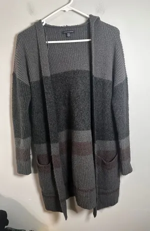 American Eagle‎ Womens Gray Striped Hooded Open Front Chunky Ribbed Cardigan XS thumbnail 1