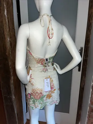 HEMANT & NANDITA White Halter Mini Dress with Pink & Green Floral Embroidery thumbnail 5