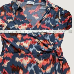 Kaileigh Navy Blue Coral Abstract Ikat Print Midi Wrap Dress 3/4 Sleeve Small thumbnail 2