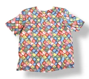Vintage Blouse Harlequin Checkered Print Padded Shoulders Pastel Color‎ Diamond thumbnail 1