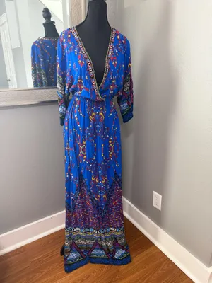 Flying Tomato V Neck Boho Aztec Festival Bold Whimsical Maxi Dress Size Medium. thumbnail 3