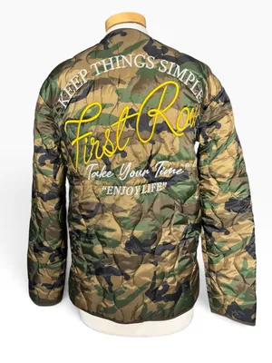 First Row Camo Quilted Bomber Jacket Bulldog Embroidered Patches Small thumbnail 5