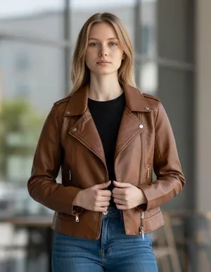 NWT Nicole Miller New York Faux Leather Motorcycle Jacket In Cognac Medium thumbnail 1