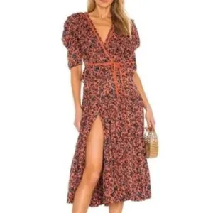 Ulla Johnson Lisette Rust Blue Floral Puff Sleeve Ruffle Wrap Midi Dress thumbnail 2