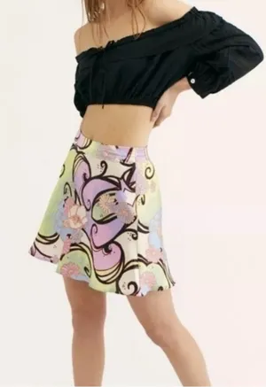 Free People Phoebe Satin Mini Skirt Sz 2 Sugar & Spice Retro Floral Psychedelic thumbnail 1