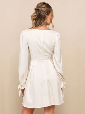 Lulus Elegant Adoration Cream Floral Jacquard Long Sleeve Mini Dress – Small NWT thumbnail 4
