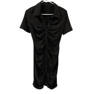 Source Unknown Black Ruched Bodycon Full Button Front Short Sleeve Mini Dress Womens Small thumbnail 6