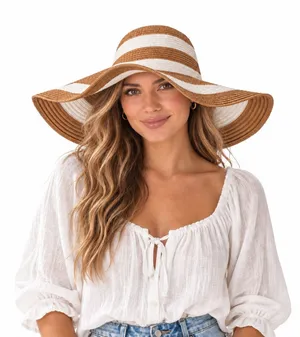 Target Tan & White Striped Floppy Wide-Brimmed Sun Hat thumbnail 1