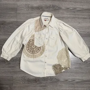 Pilcro Anthropologie XS Shirt Crochet Lace Patchwork‎ Denim Cream Puff Sleeve thumbnail 16