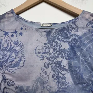 Free People Women Keep it Simple‎ Mesh Baby Tee Top XS Blue Celestial Ruched thumbnail 2
