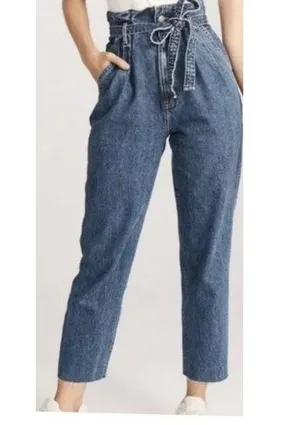 Abercrombie & Fitch Paper Bag Jeans High Waist Cropped Frayed Hem Denim Blue 4S thumbnail 1