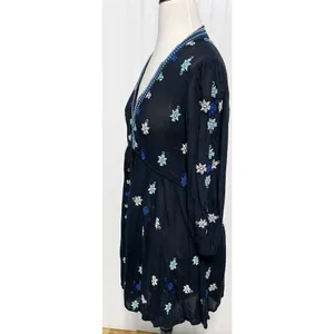 Free People Stargazer Mini Dress Embroidered V-Neck Tie Waist Black Blue Small thumbnail 6