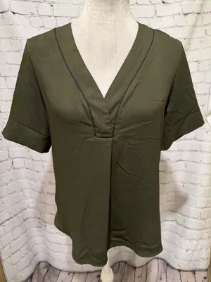 Ann Taylor Olive Green V-neck Tunic Pleated Front Short Sleeve Size Small thumbnail 1