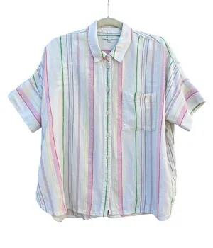 Madewell Women's Small Linen Blend Pastel Rainbow Stripe Button Up Shirt thumbnail 1
