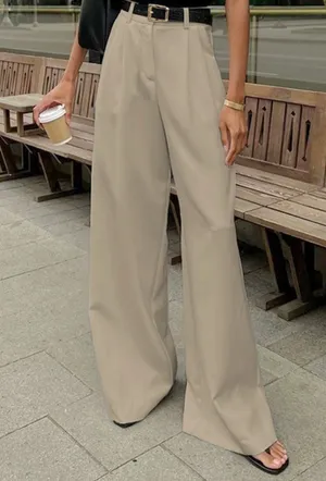 COMMENSE NWT Beige Pleated Wide Leg Trousers Pants Size L thumbnail 1