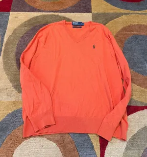 Polo Ralph Lauren Orange V Neck Sweater Preppy Cotton Cashmere Men’s Size XL thumbnail 1
